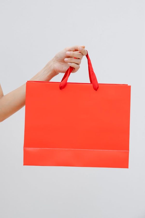 Crop unrecognizable female showing red paper shopping bag in hand against white wall